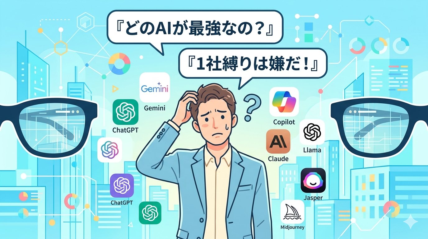 どのAIが最強なの？1社縛りは嫌だと悩むビジネスパーソンのイラスト