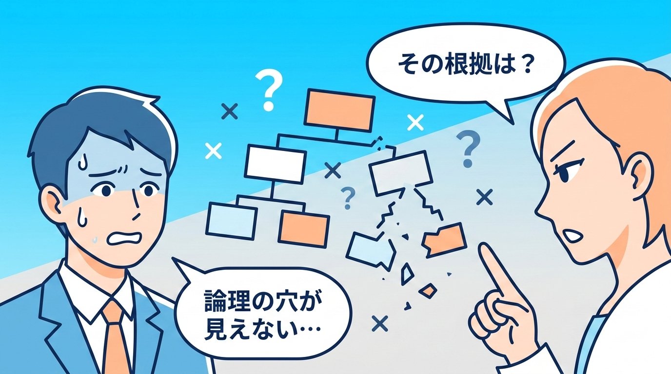 会議で論理の穴を突かれて言葉に詰まるビジネスパーソンのイラスト