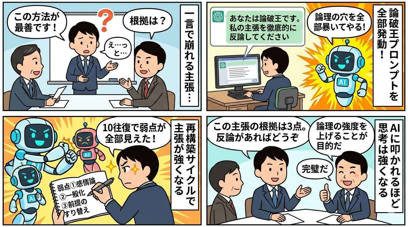 論破王AIと反論トレーニングをする4コマ漫画イラスト