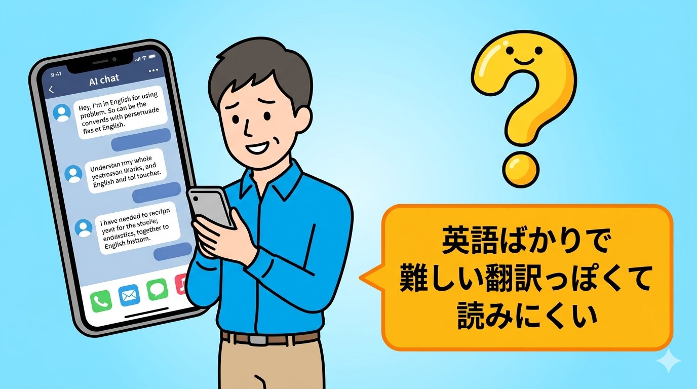 英語ばかりのAIに困る男性のイラスト