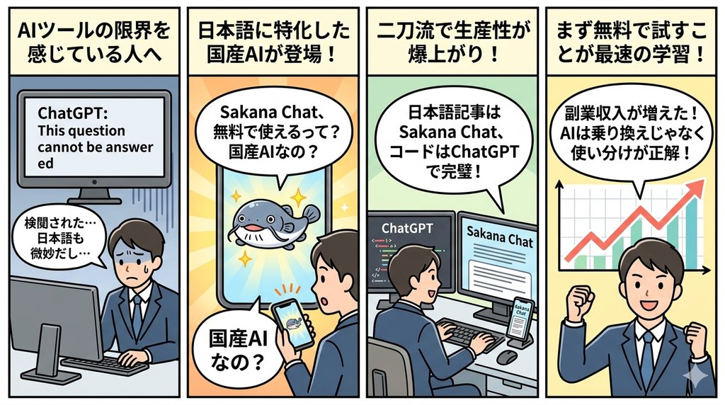 Sakana Chatを副業ブログに活用する流れを描いた4コマ漫画。AIツールの限界から国産AI登場・二刀流活用・副業収入アップまでを図解