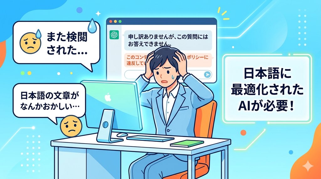 ChatGPTに検閲されて困るビジネスパーソン。日本語に最適化されたAIの必要性を示す導入イラスト