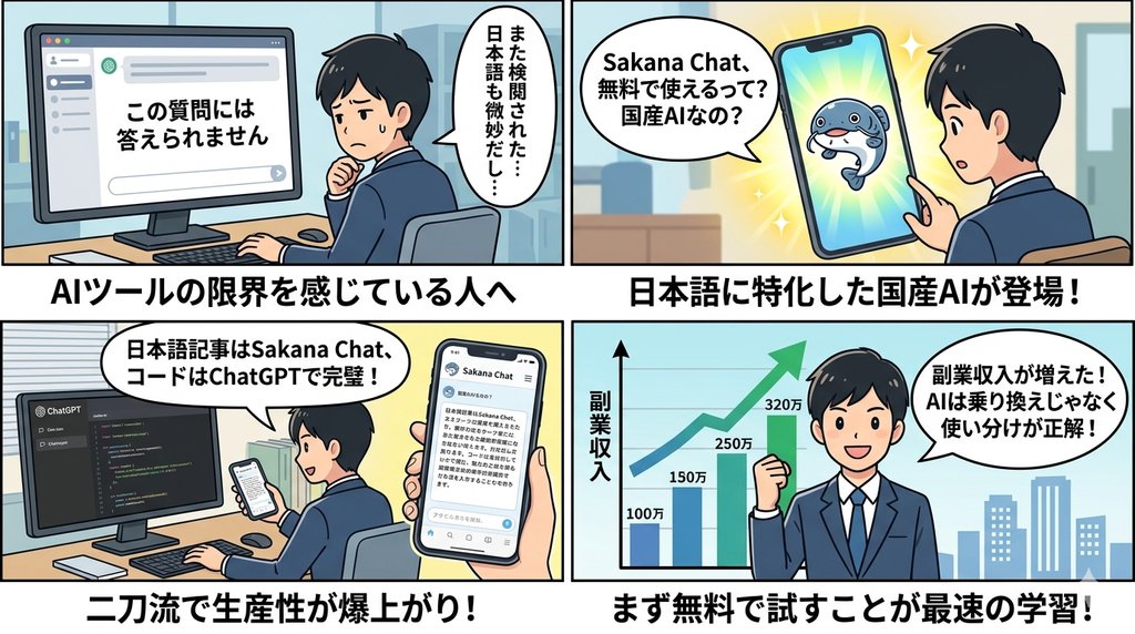 ChatGPTとSakana Chatの二刀流活用で副業収入アップを示す4コマ形式のイラスト