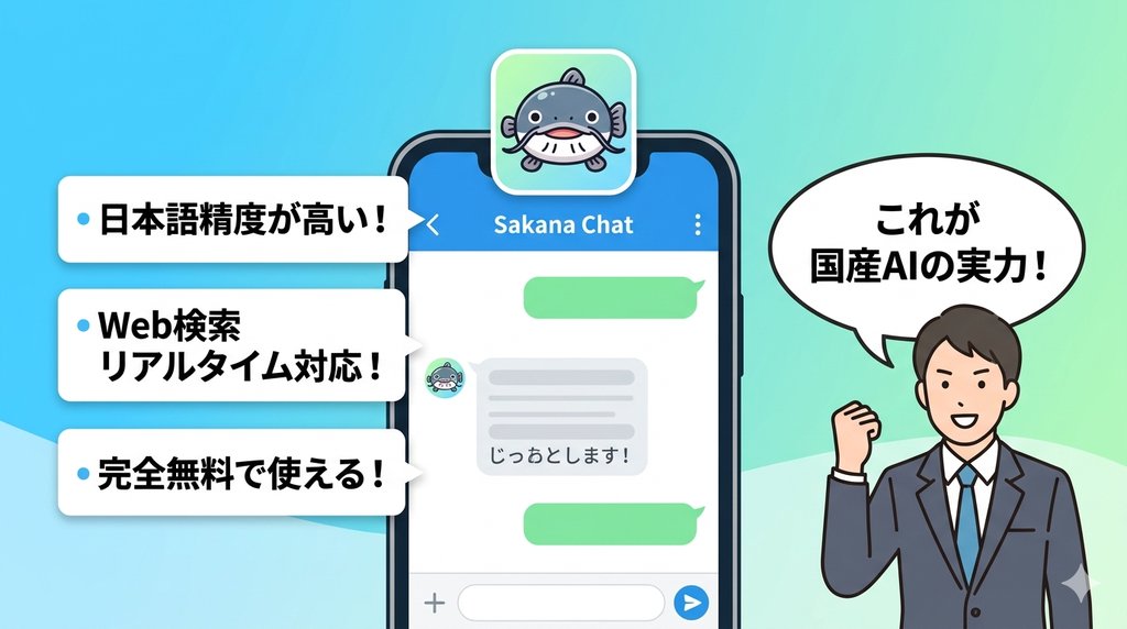 Sakana Chatの3大特徴：日本語精度・Web検索リアルタイム対応・完全無料を示すイラスト
