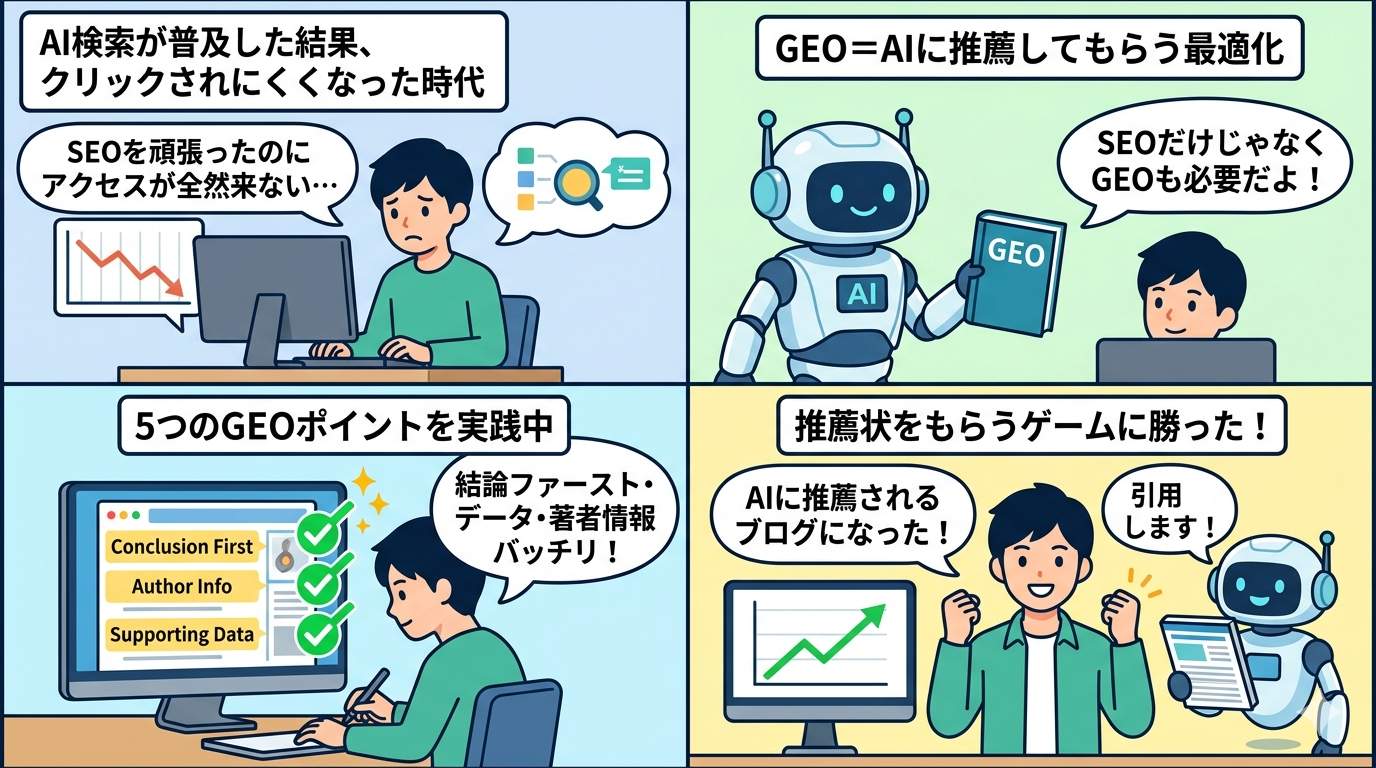 SEOからGEOへの転換を描いた4コマ漫画：課題提起からGEO実践・AIに選ばれるブログへの変化