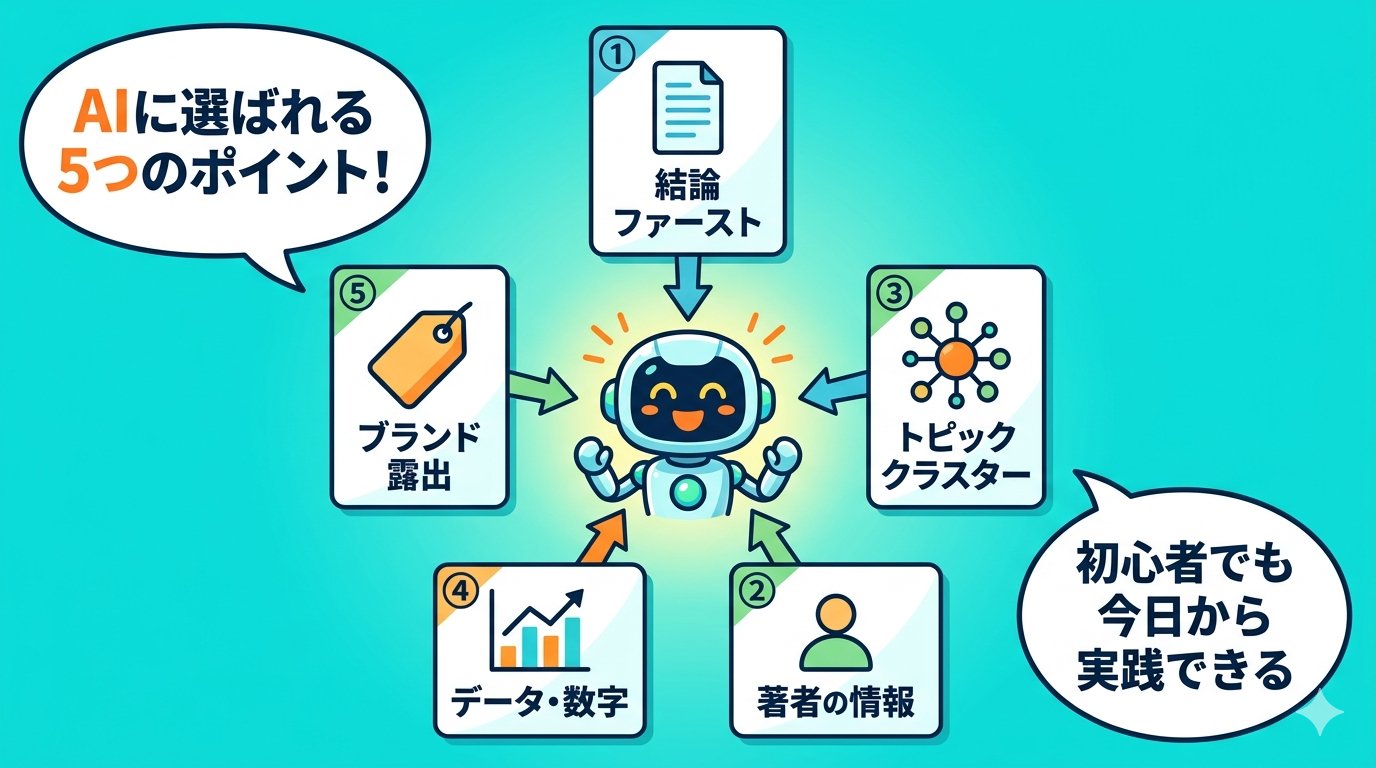 AIに選ばれる5つのGEO実践ポイント：結論ファースト・著者情報・トピッククラスター・データ・ブランド露出