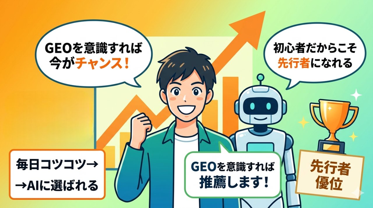 GEOを意識したブログ運営で先行者優位を得た未来イメージ：AIに推薦されるブロガーの理想像
