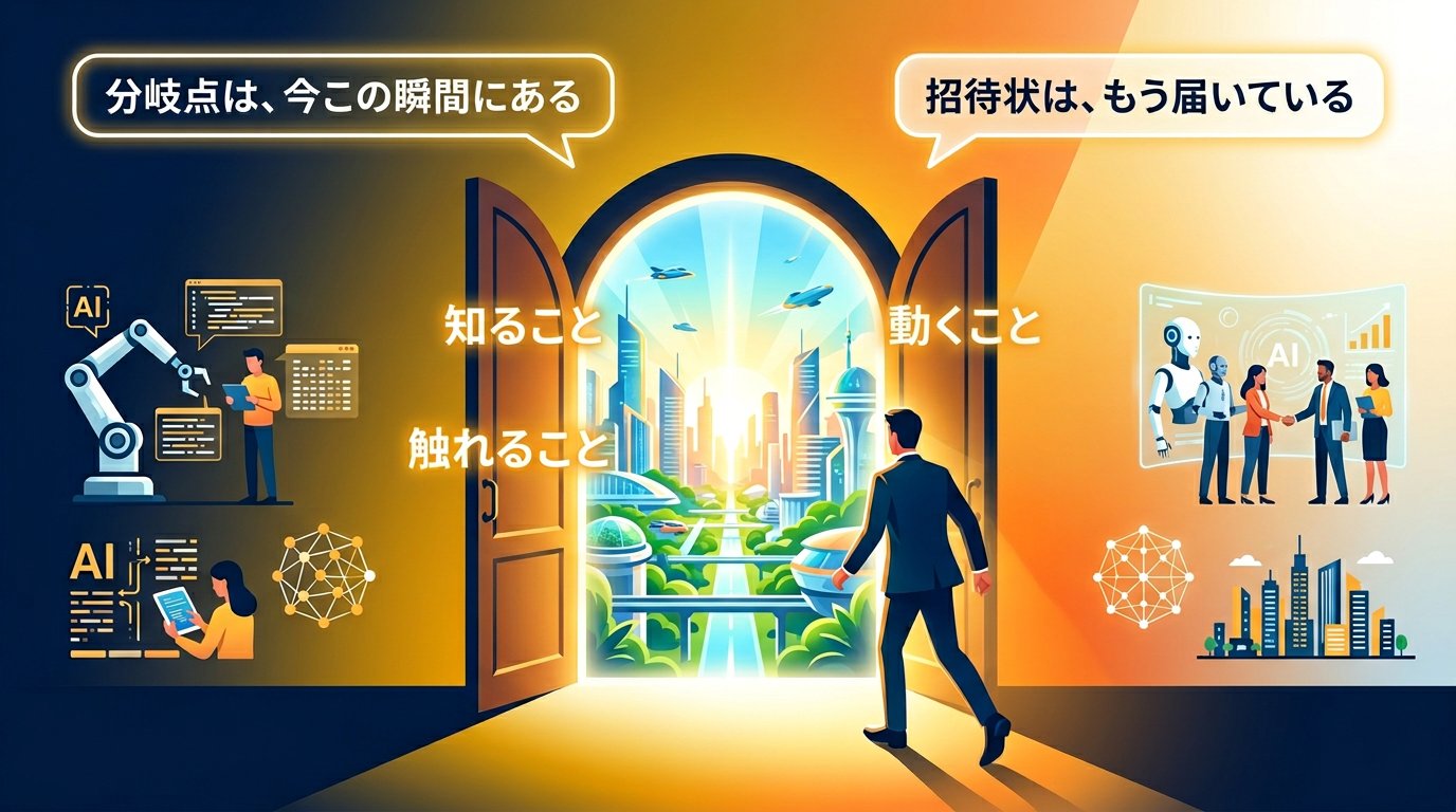 分岐点は今この瞬間にある——光の扉が開く未来イメージ