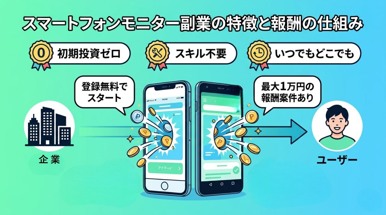 スマートフォンモニター副業の特徴と報酬の仕組みを表すイラスト