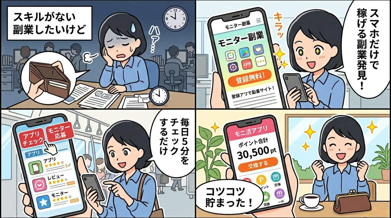 スマホモニター副業で稼ぐまでの流れを描いた4コマ漫画