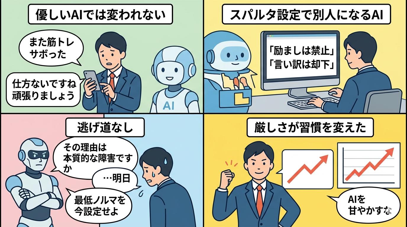 スパルタAIコーチ活用の4コマ漫画：課題提起からプロンプト設定・詰め・習慣化達成まで