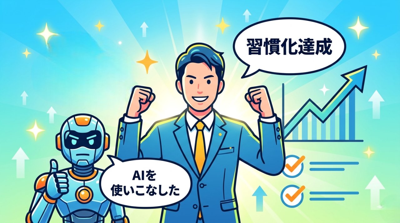 スパルタAIコーチで習慣化を達成し自信満々にガッツポーズするビジネスパーソン