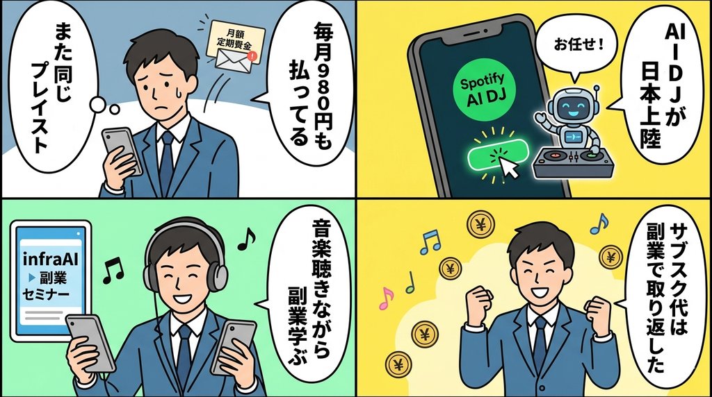 Spotify AI DJと副業でサブスク代を取り返す4コマ漫画