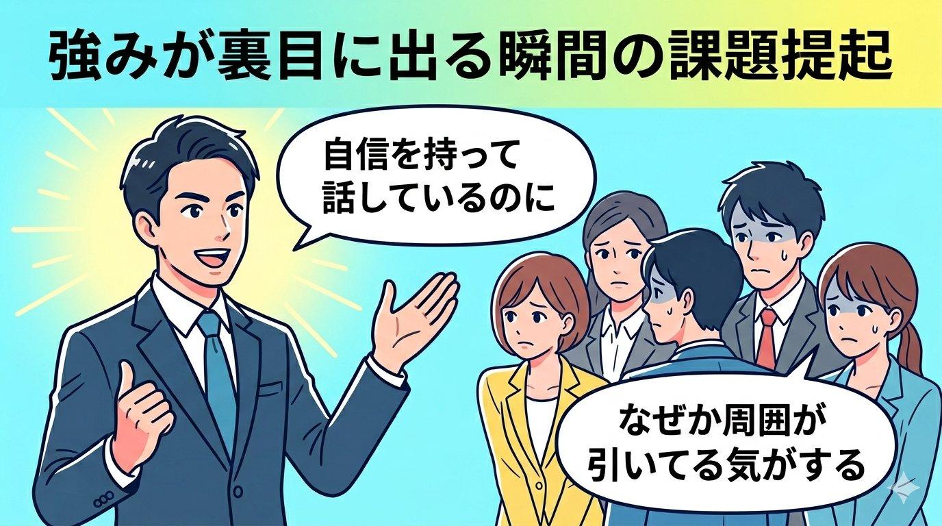 自信満々に話すリーダーの周囲で困惑するチームメンバーのイラスト
