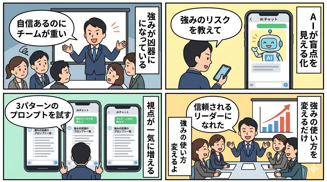 AIで自己分析を続け信頼されるリーダーへ成長した未来イメージのイラスト