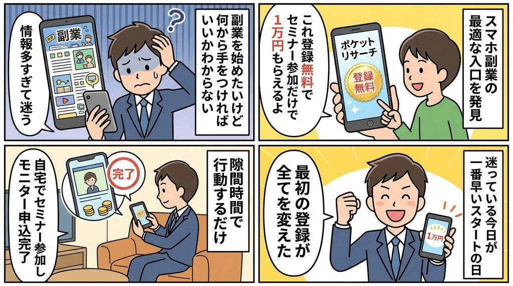 スマホ副業の始め方をストーリーで解説した4コマ漫画