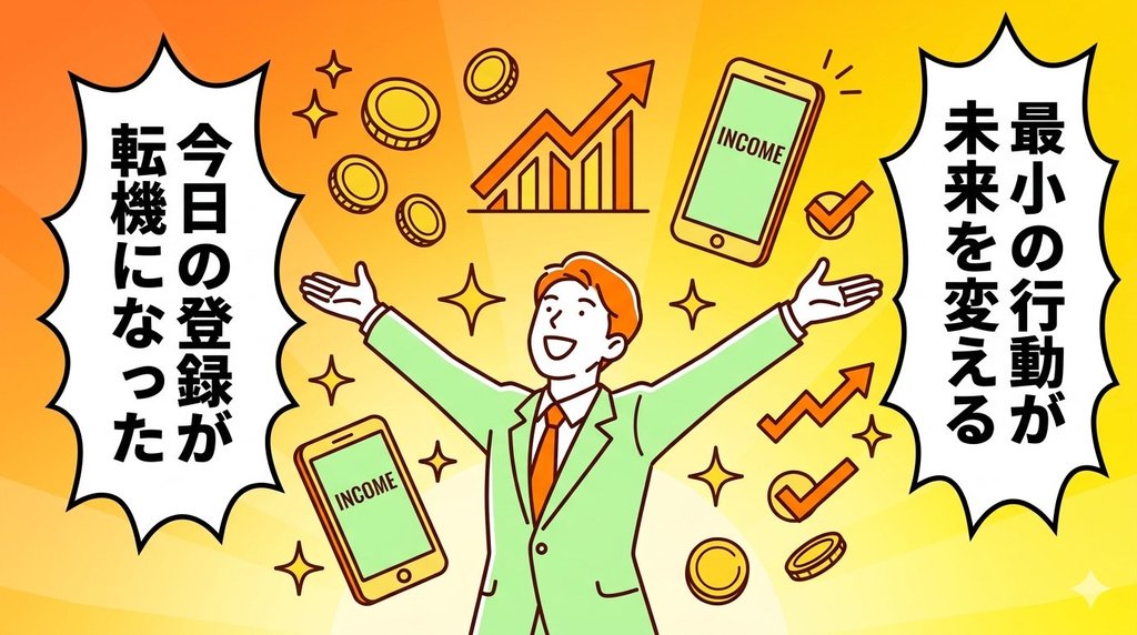 スマホ副業で行動した後の理想の未来・ガッツポーズで喜ぶビジネスパーソンのイラスト