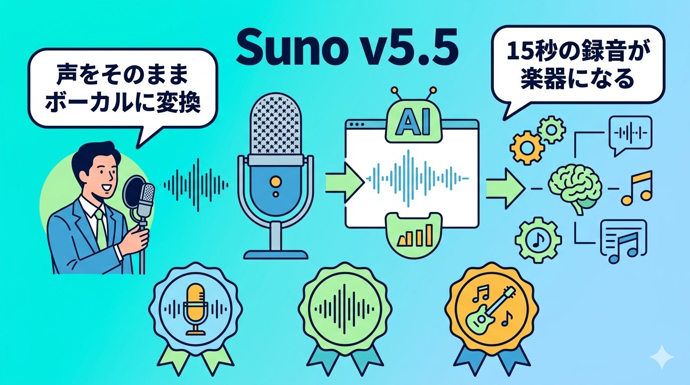 Suno v5.5 Voices機能の仕組み・声をAIが学習してボーカルトラックを生成するフロー図