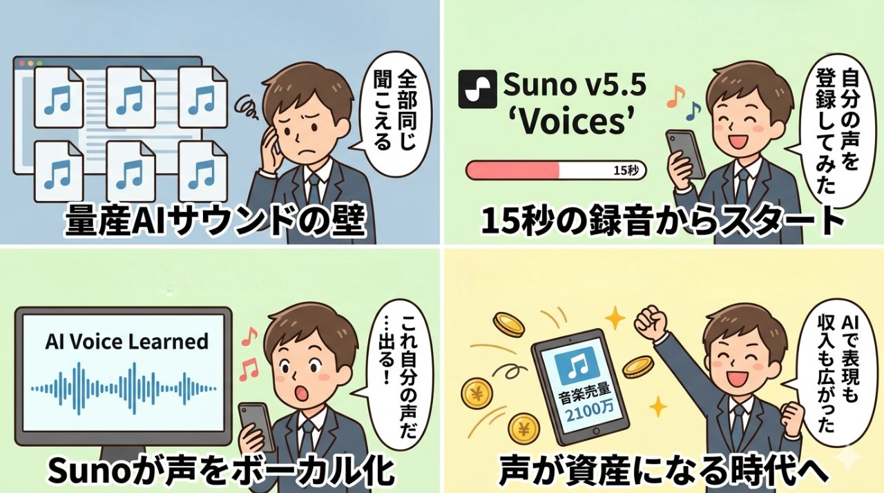 Suno v5.5の4コマ漫画・量産AIサウンドの壁からVoices機能で声が資産になるまでのストーリー