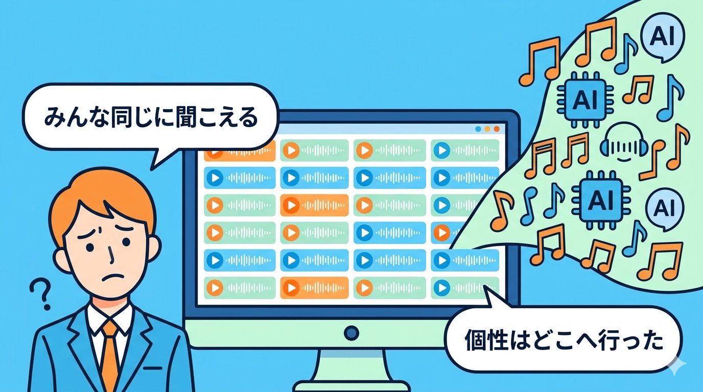量産AIサウンドの海に個性が埋もれていく悩みを表したイラスト