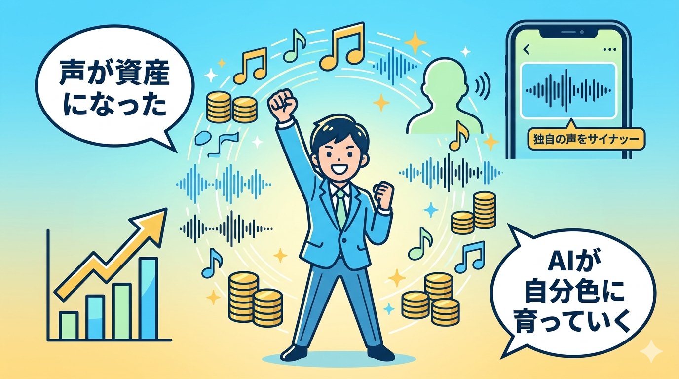 声が資産になりAIが自分色に育っていく未来イメージのイラスト