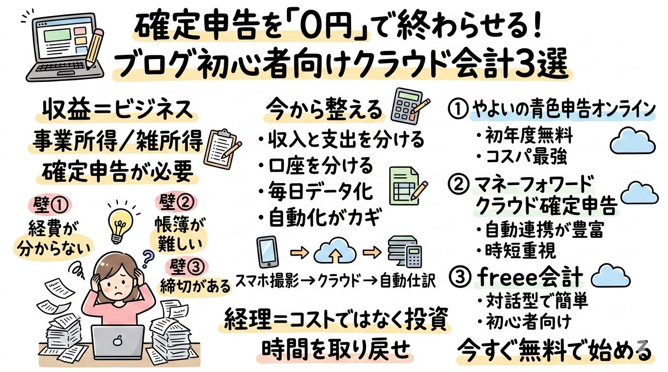 確定申告を「0円」で終わらせる!ブログ初心者におすすめのクラウド会計ソフト3選