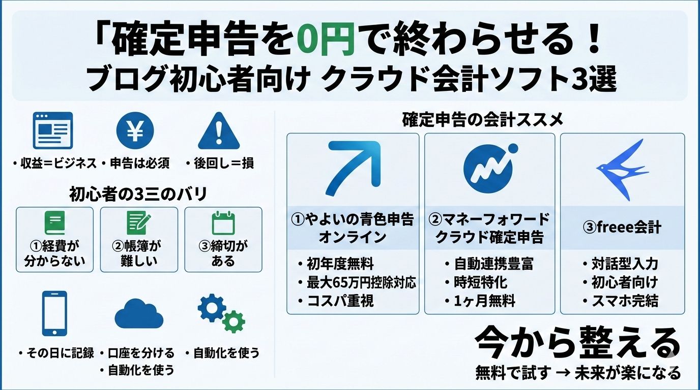 確定申告を「0円」で終わらせる!ブログ初心者におすすめのクラウド会計ソフト3選