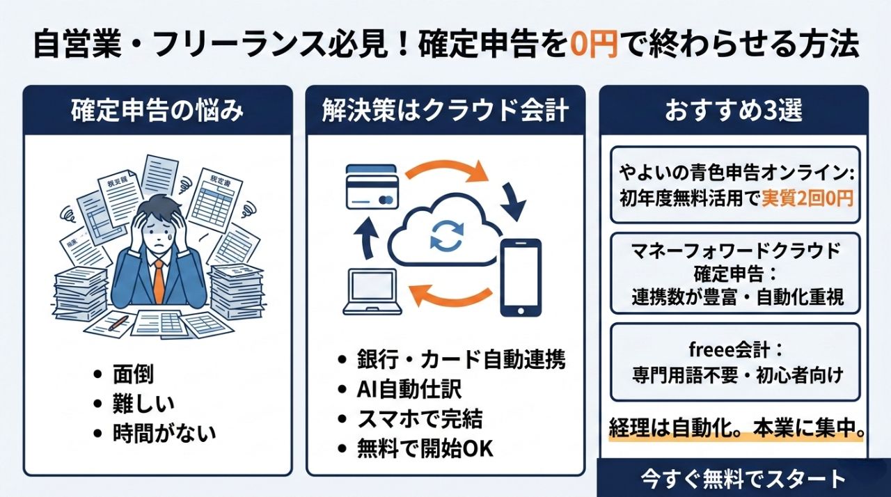 自営業・フリーランス必見！確定申告を「0円」で終わらせるクラウド会計ソフト3選
