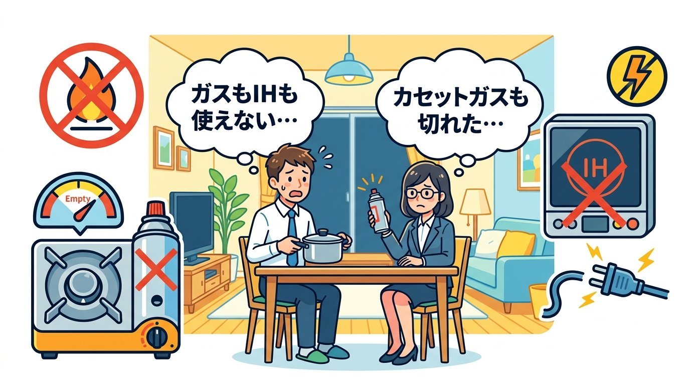 停電時にガスもIHも使えず困り果てる様子のイラスト