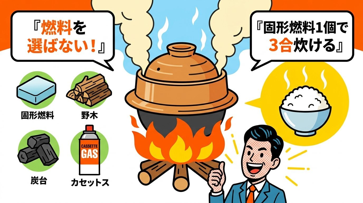 タイガー魔法のかまどごはんの燃料を選ばない特徴と固形燃料1個で3合炊ける機能紹介