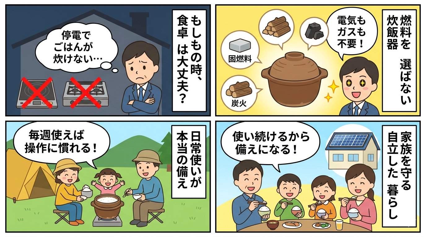 タイガー魔法のかまどごはんで日常使いから防災備えへ、4コマ漫画で解説