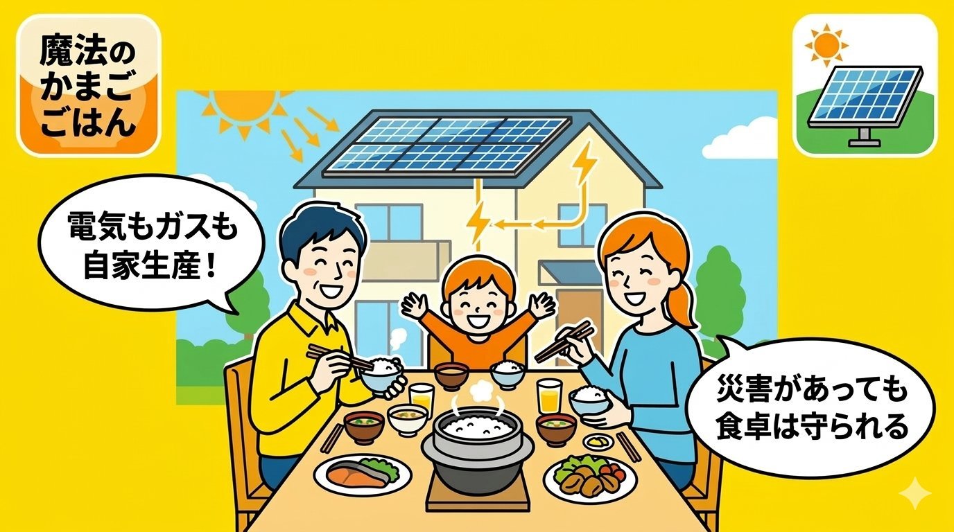 魔法のかまどごはんと太陽光発電で家族の食卓を守る自立した暮らしのイメージ