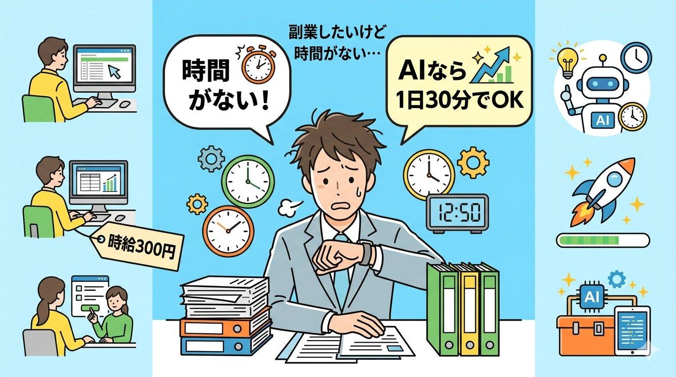 副業したいけど時間がない社会人の悩みとAI副業の解決策を示したイラスト