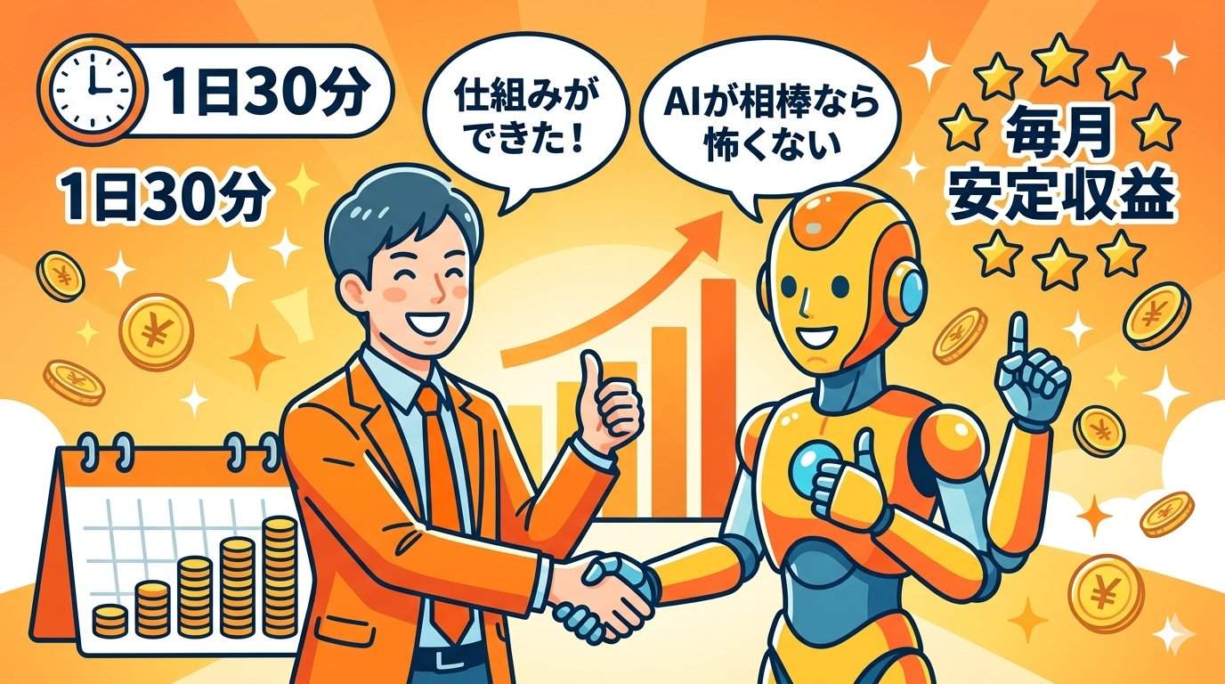 AIロボットとビジネスパーソンが握手し、毎月安定収益を達成した未来イメージイラスト