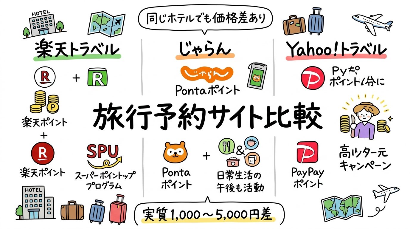 旅行予約サイト比較グラフィックレコード：楽天トラベル・じゃらんnet・Yahoo!トラベルの特徴一覧