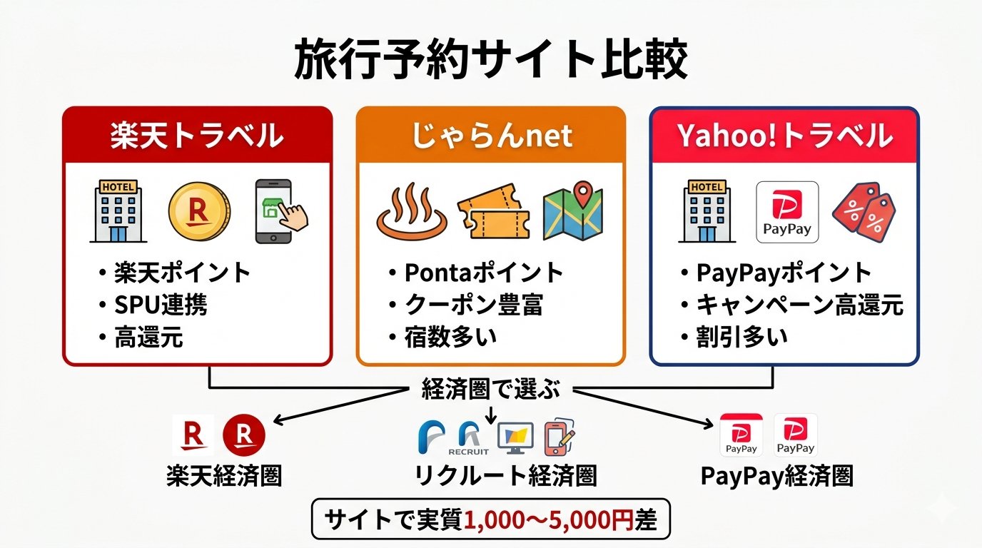 旅行予約サイト比較インフォグラフィック：楽天経済圏・リクルート経済圏・PayPay経済圏の違い