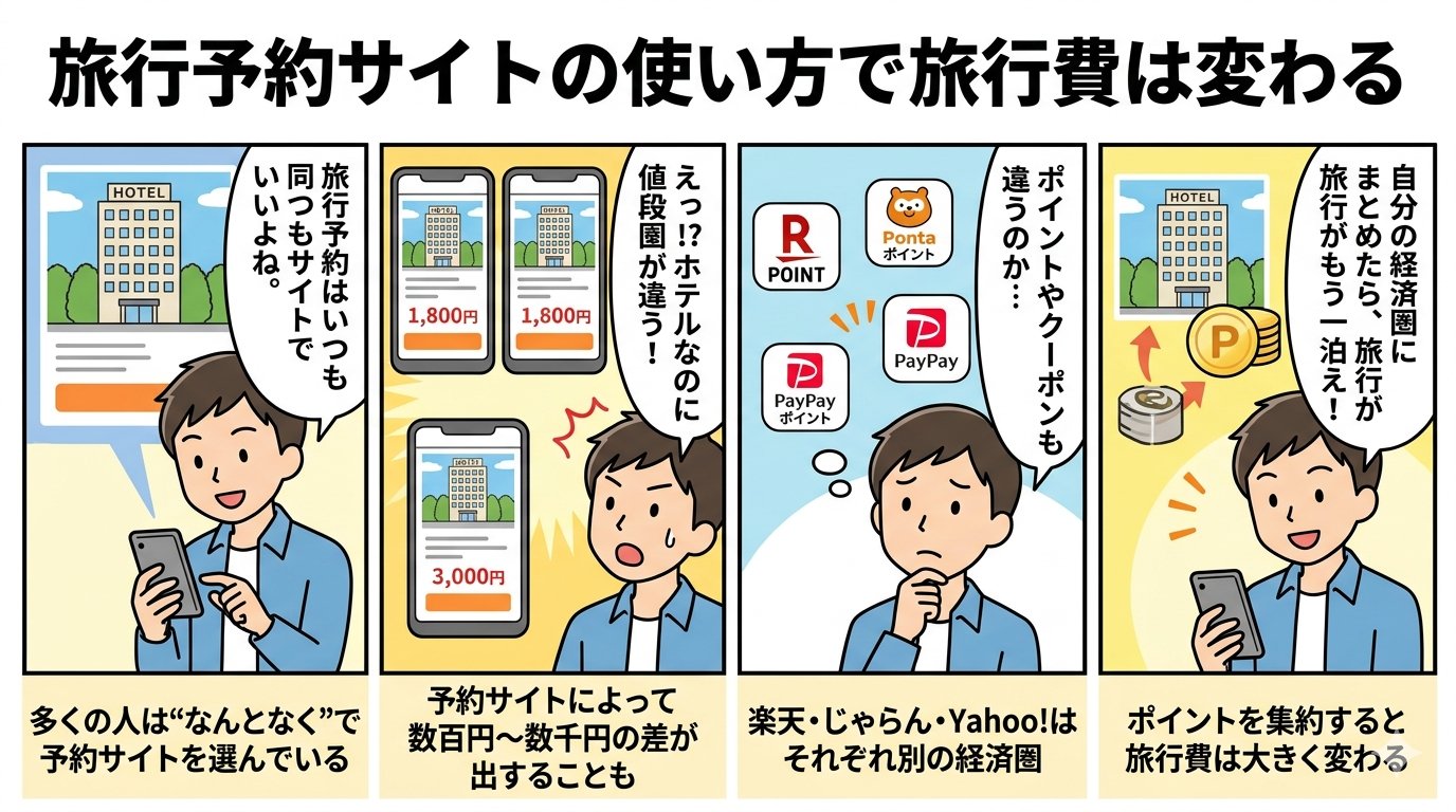 旅行予約サイト比較4コマ漫画：なんとなく予約から経済圏集約でお得になるまでの流れ
