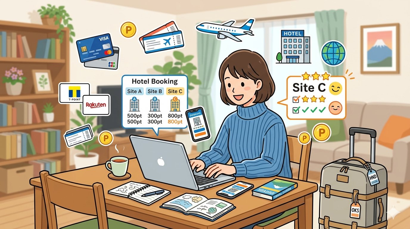 自宅でお得に旅行予約をする様子のイラスト