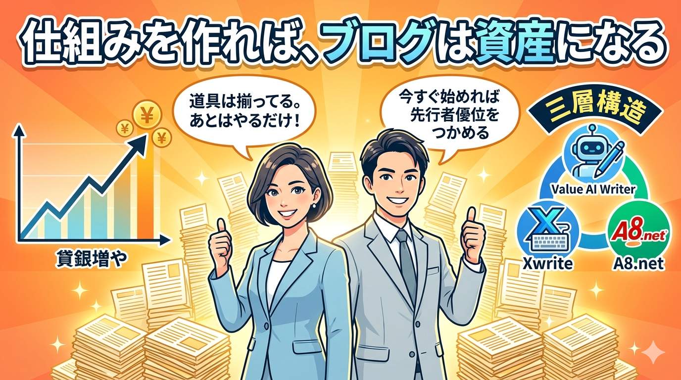 仕組みを作ればブログは資産になるというメッセージとValue AI Writer・Xwrite・A8.netの三層構造を示す結論イラスト