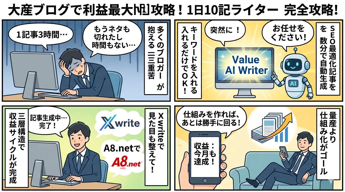 Value AI Writer・Xwrite・A8.netの三層構造でブログ収益化を解説する4コマ漫画