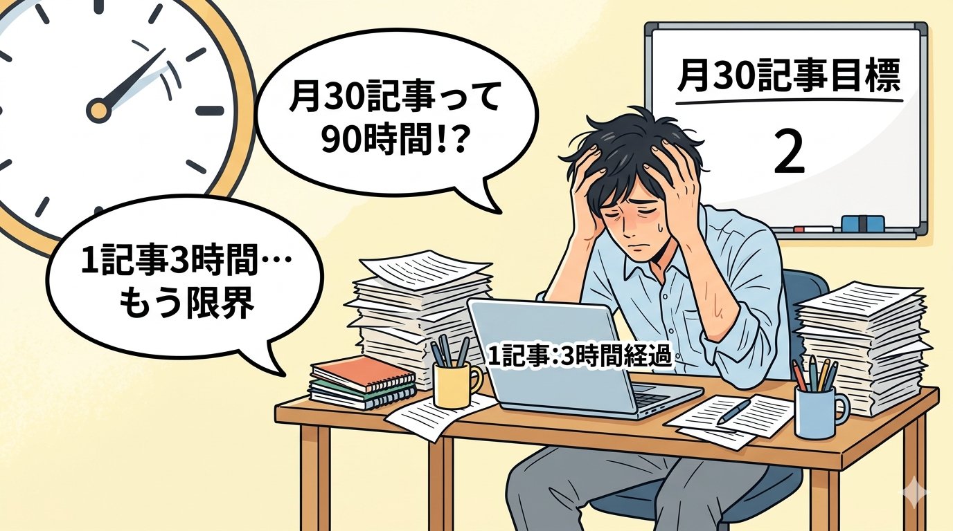 1記事3時間・月30記事目標2件しか達成できていない疲弊したブロガーのイラスト