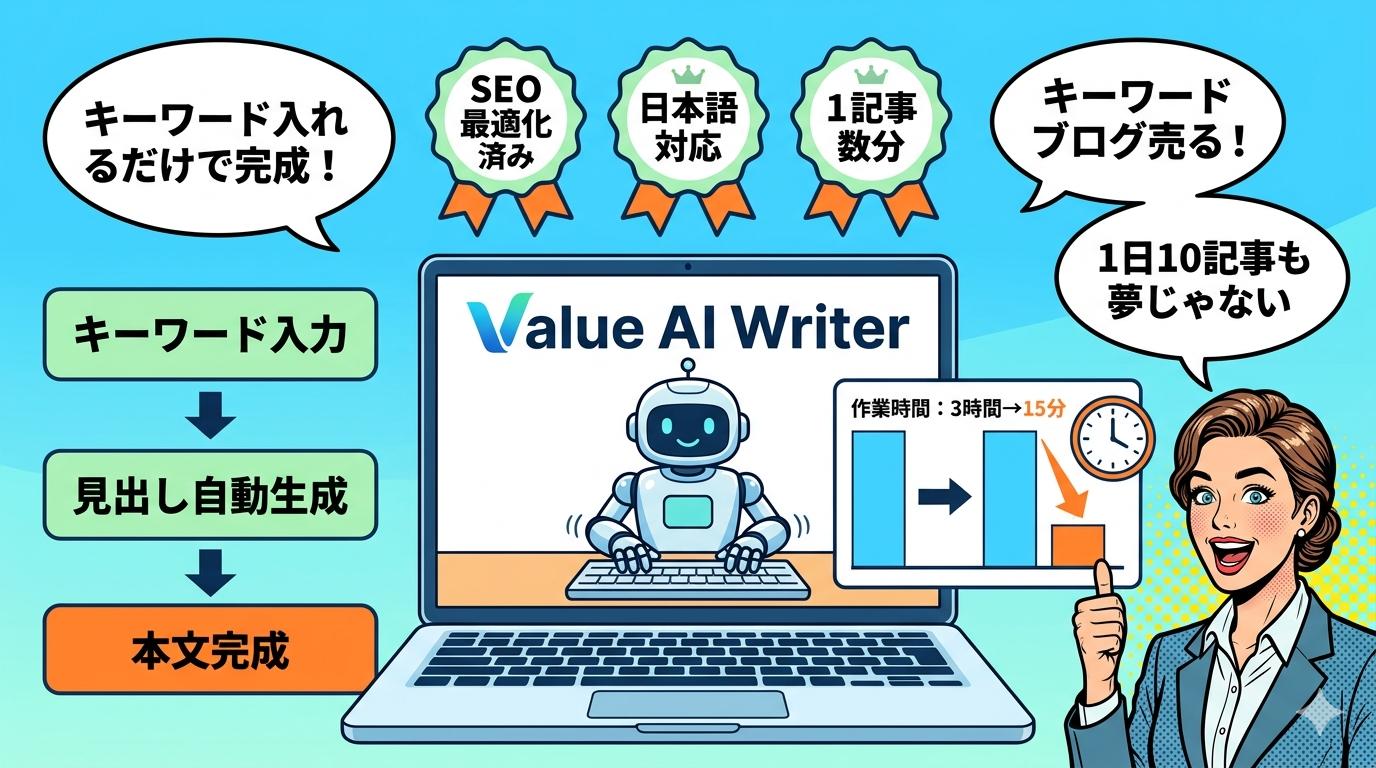 Value AI Writerのキーワード入力から本文完成までの3ステップと作業時間3時間から15分への短縮を示す解説イラスト