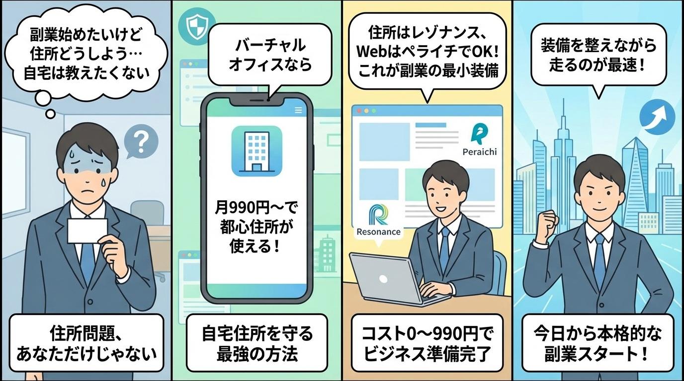 住所問題からバーチャルオフィス活用・副業スタートまでを描いた4コマ漫画