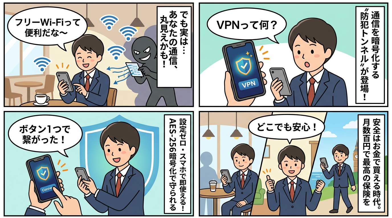 VPNの仕組みをわかりやすく解説した4コマ漫画