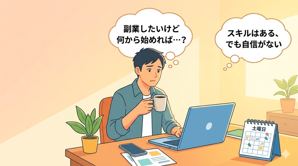 週末の朝、副業に悩むビジネスパーソンのイラスト