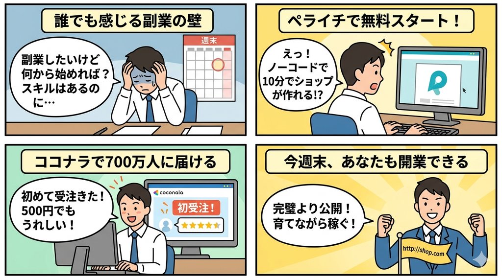 週末起業の流れを描いた4コマ漫画