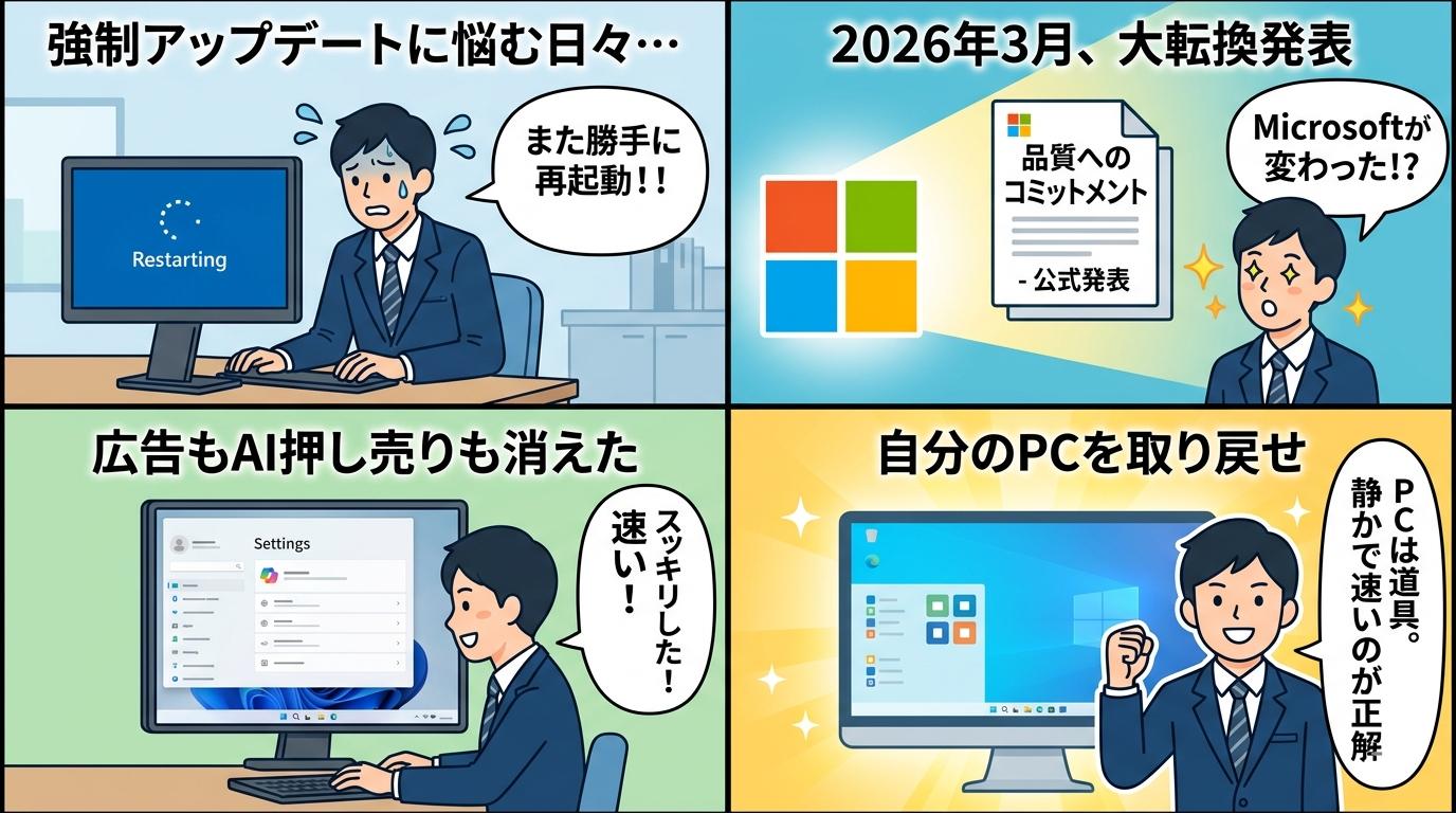 強制再起動・広告・Microsoftアカウント要求に悩むビジネスパーソンのイラスト