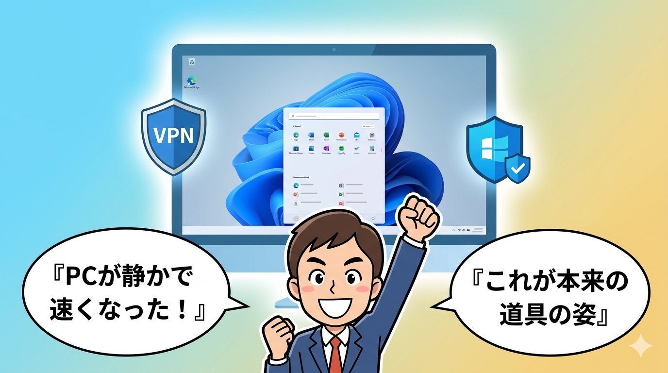 VPNとセキュリティソフトで守られたクリーンなWindows 11環境でガッツポーズするビジネスパーソン