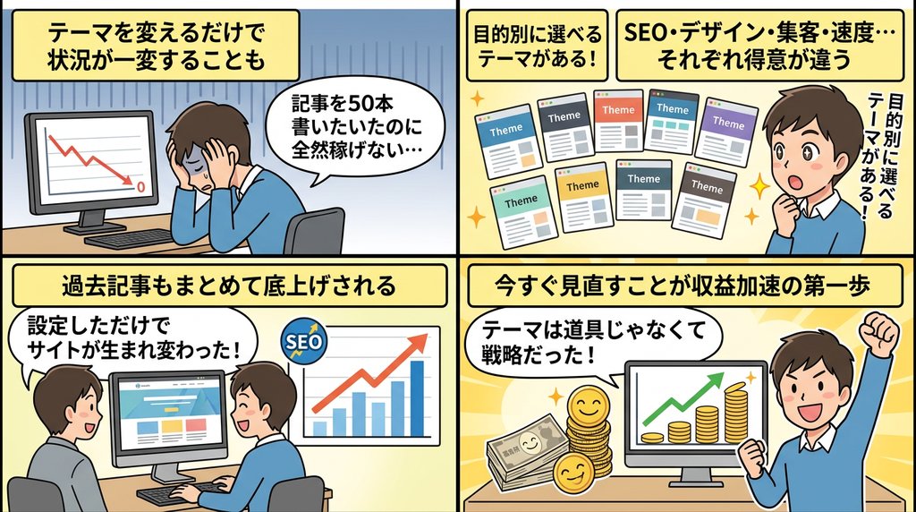 WordPressテーマ選びで収益が変わる流れを描いた4コマ漫画