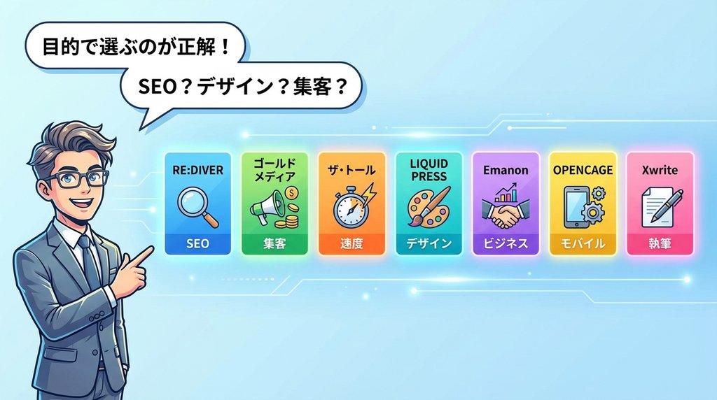 RE:DIVER・ゴールドメディア・ザ・トール・LIQUID PRESS・Emanon・OPENCAGE・Xwrite 7テーマの目的別紹介カード